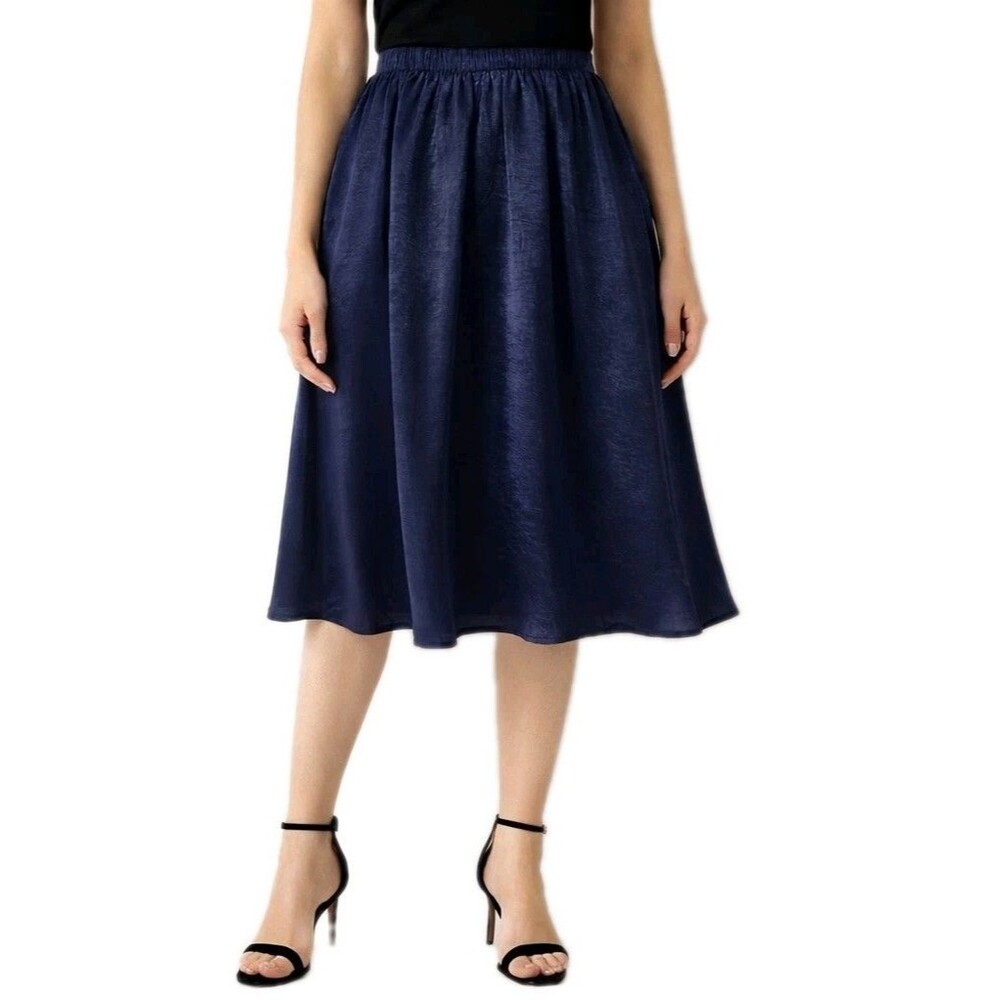Haute Monde Navy Blue Satin Midi Skirt Elastic Waist Lined Shiny A-Line Size S